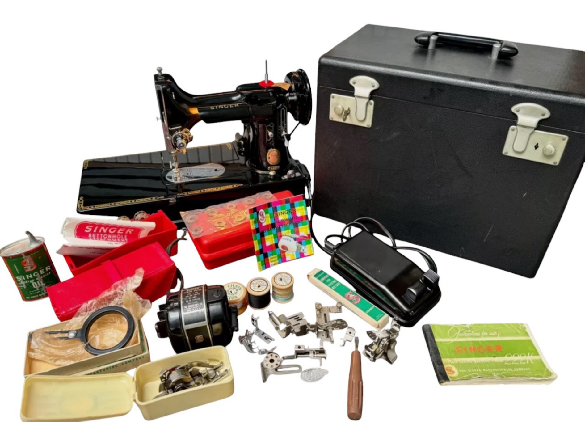 Rare 1960 Singer 222K Featherweight Free-Arm Sewing Machine โ Red โSโ Badge โ Fully Serviced with Complete Accessories