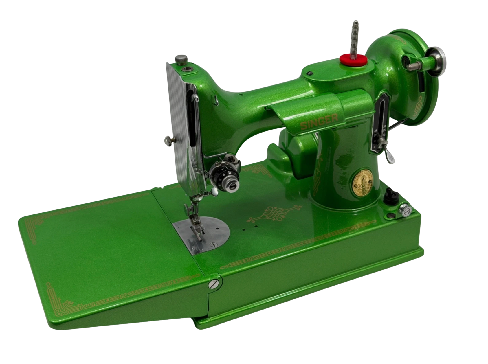 1947 Singer 221 Featherweight Sewing Machine โ Metallic Green Custom Restored w/ Gold Decals, Case & Accessories, Quilting Machine
