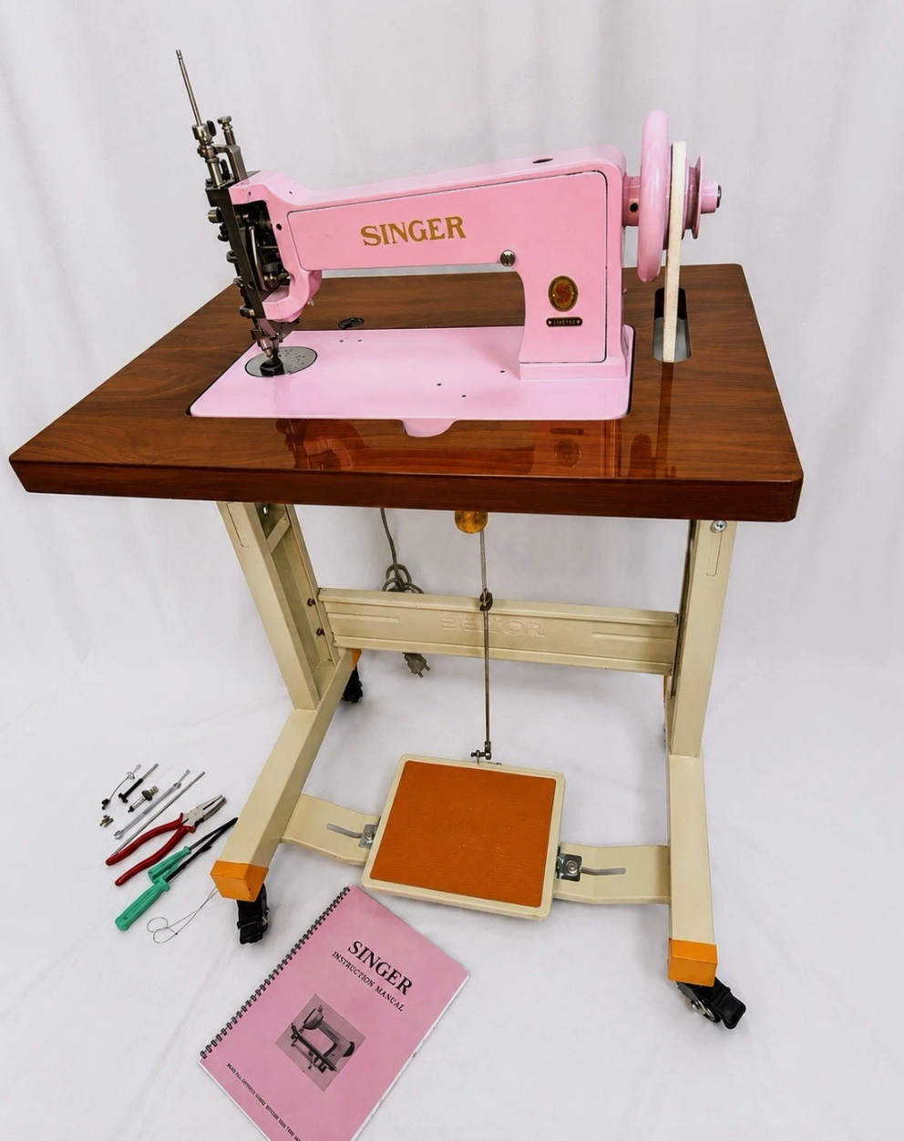 Baby Pink Singer 114E103 Chain Stitch Embroidery Machine | Fully Serviced with Custom Table, Stand & Servo Motor