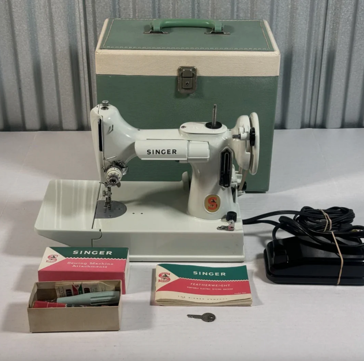 Rare 1964 White Singer 221 Featherweight – Red “S” Badge – All Original with Case & Key