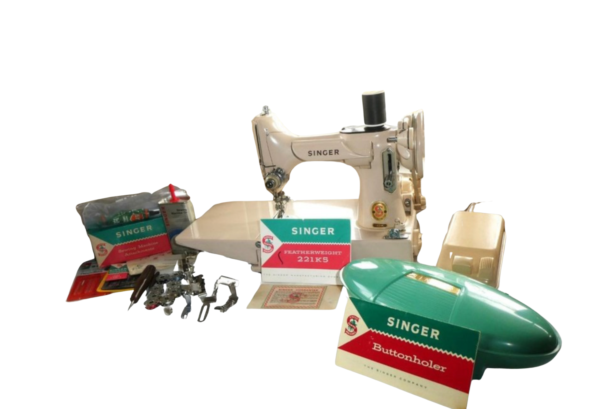 Vintage 1961 Singer 221K Tan Featherweight Sewing Machine with Case & Accessories – Rare British Made Singer Featherweight
