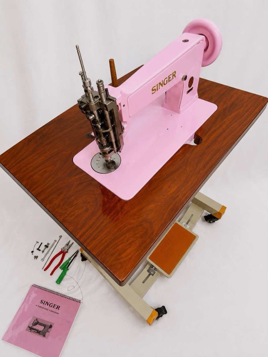 Baby Pink Singer 114E103 Chain Stitch Embroidery Machine | Fully Serviced with Custom Table, Stand & Servo Motor