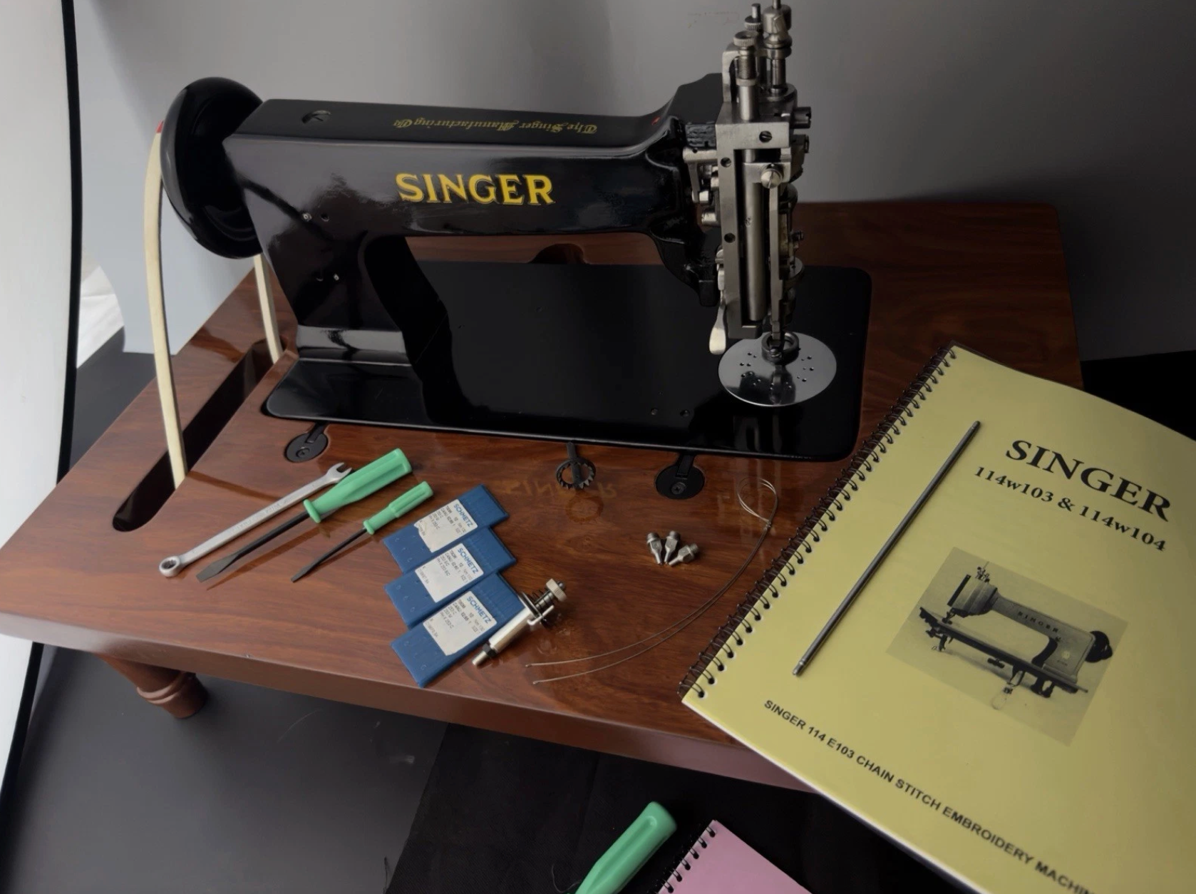 Vintage Black Singer 114E103 Chain Stitch Embroidery Machine | Fully Serviced with Custom Table, Stand & Servo Motor